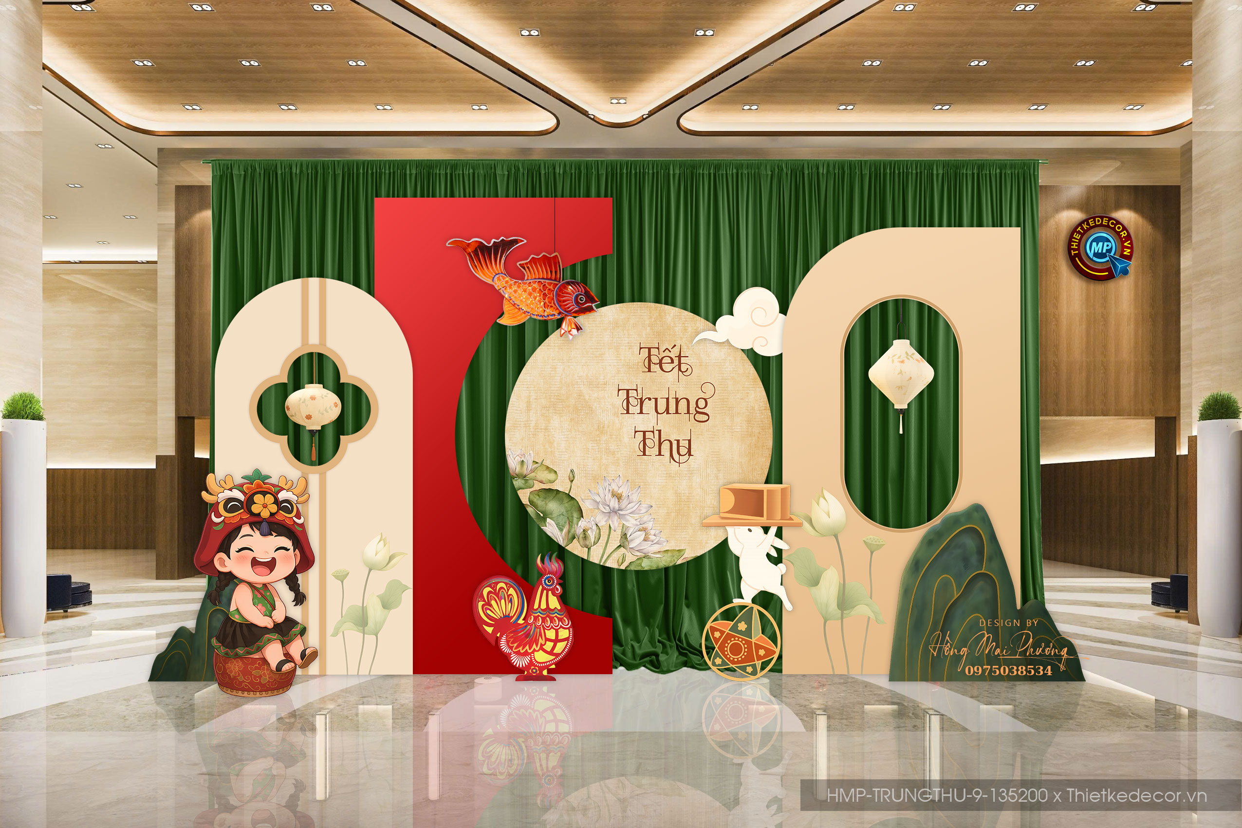 Backdrop Tết trung thu vintage lấy cảm hứng từ hoa sen trắng. Trang trí Trung Thu đại sảnh Mall, Chung cư, Nhà Hàng, Khách Sạn Sang trọng
